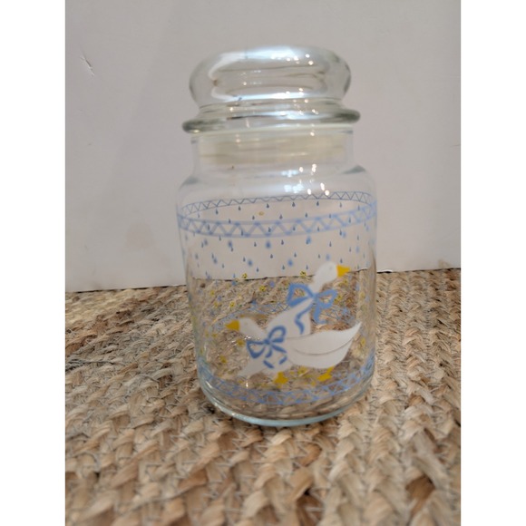 Anchor Hocking 7 in Country‎ White Geese Blue Ribbon Bow Glass Jar w/Lid Vintage - Picture 1 of 7